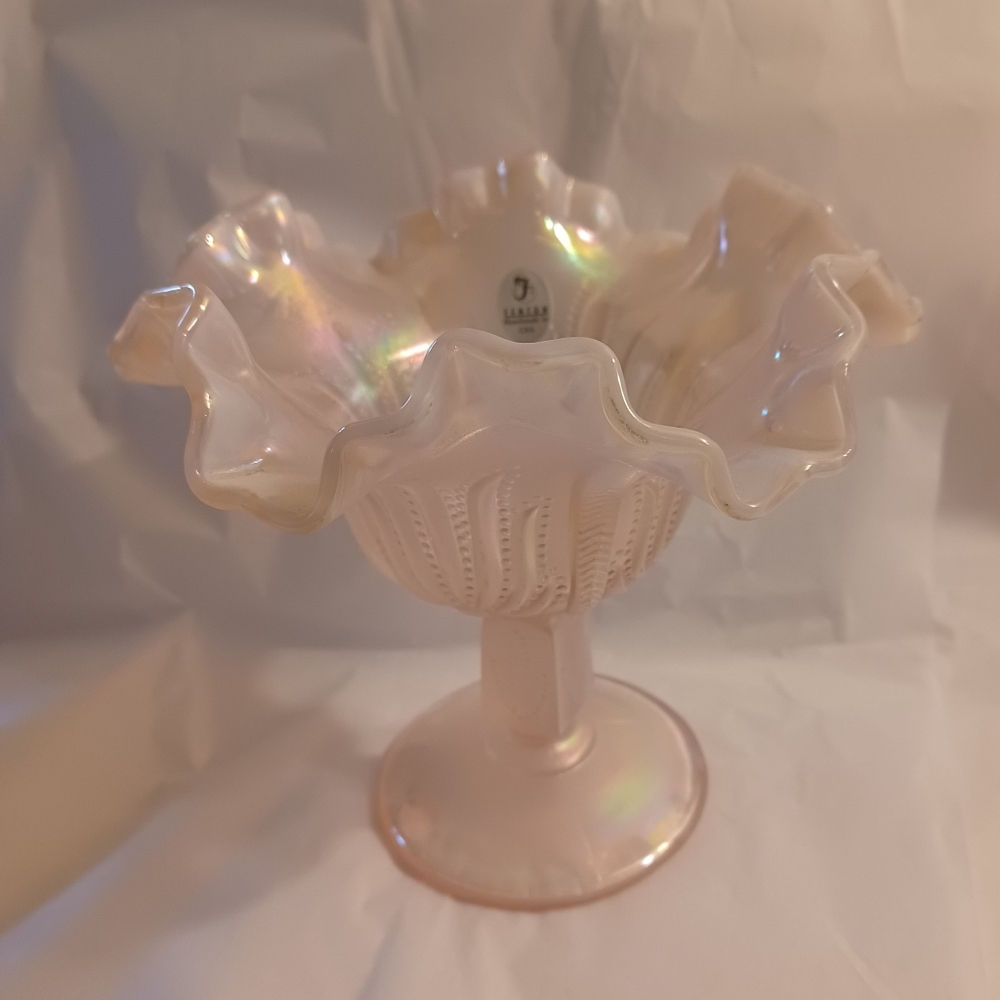 FENTON USA Art Glass Pink Opalescent Compote in the Cactus Pattern 1980s